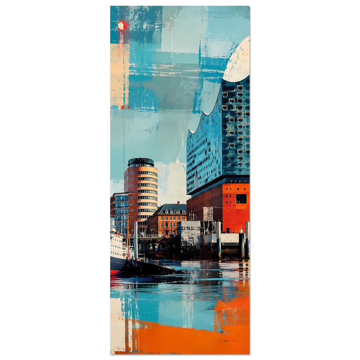 Vertikales Hamburg-Poster mit Elbphilharmonie, blau-türkisem Gebäude und orangefarbenem Rand