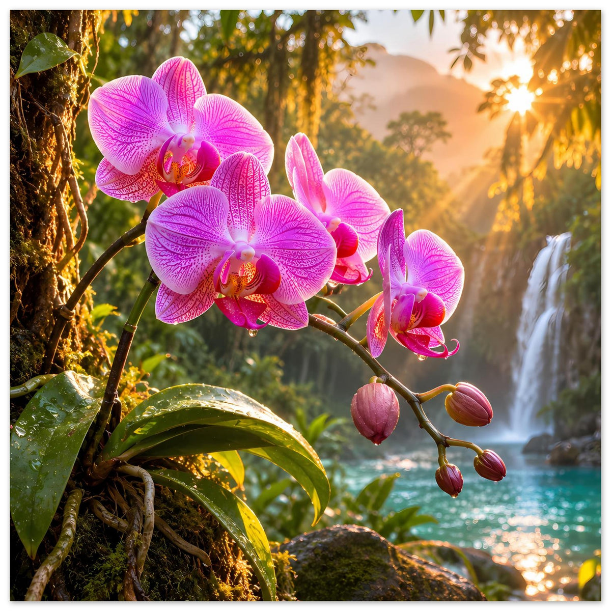 Poster mit pinken Orchideenblüten und Knospen an gebogenem Ast