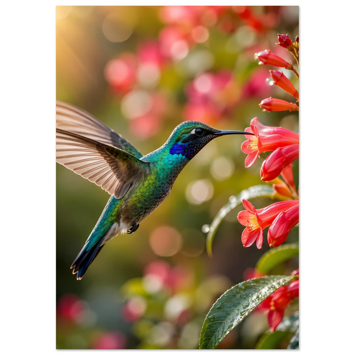 Vertikales Poster mit Kolibri vor Blütenzweig, rote Blüten und glänzende Blätter