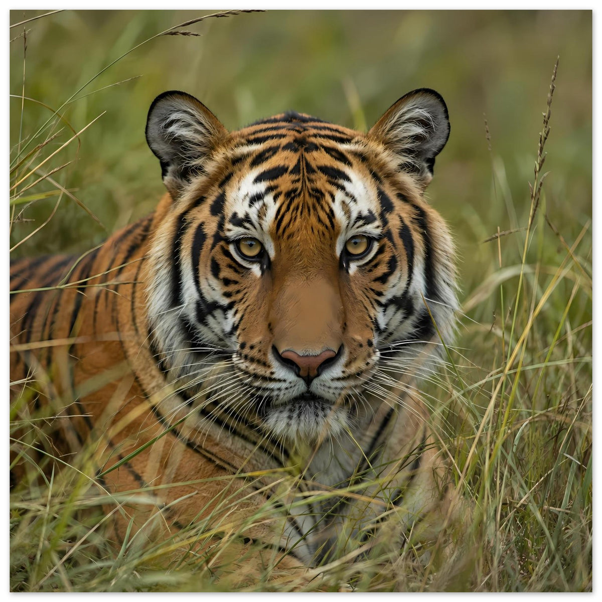 Wildtier-Poster mit Tiger im Gras, frontaler Blick, gestreiftes Fell in Nahaufnahme