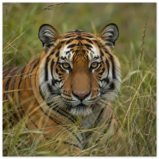 Wildtier-Poster mit Tiger im Gras, frontaler Blick, gestreiftes Fell in Nahaufnahme