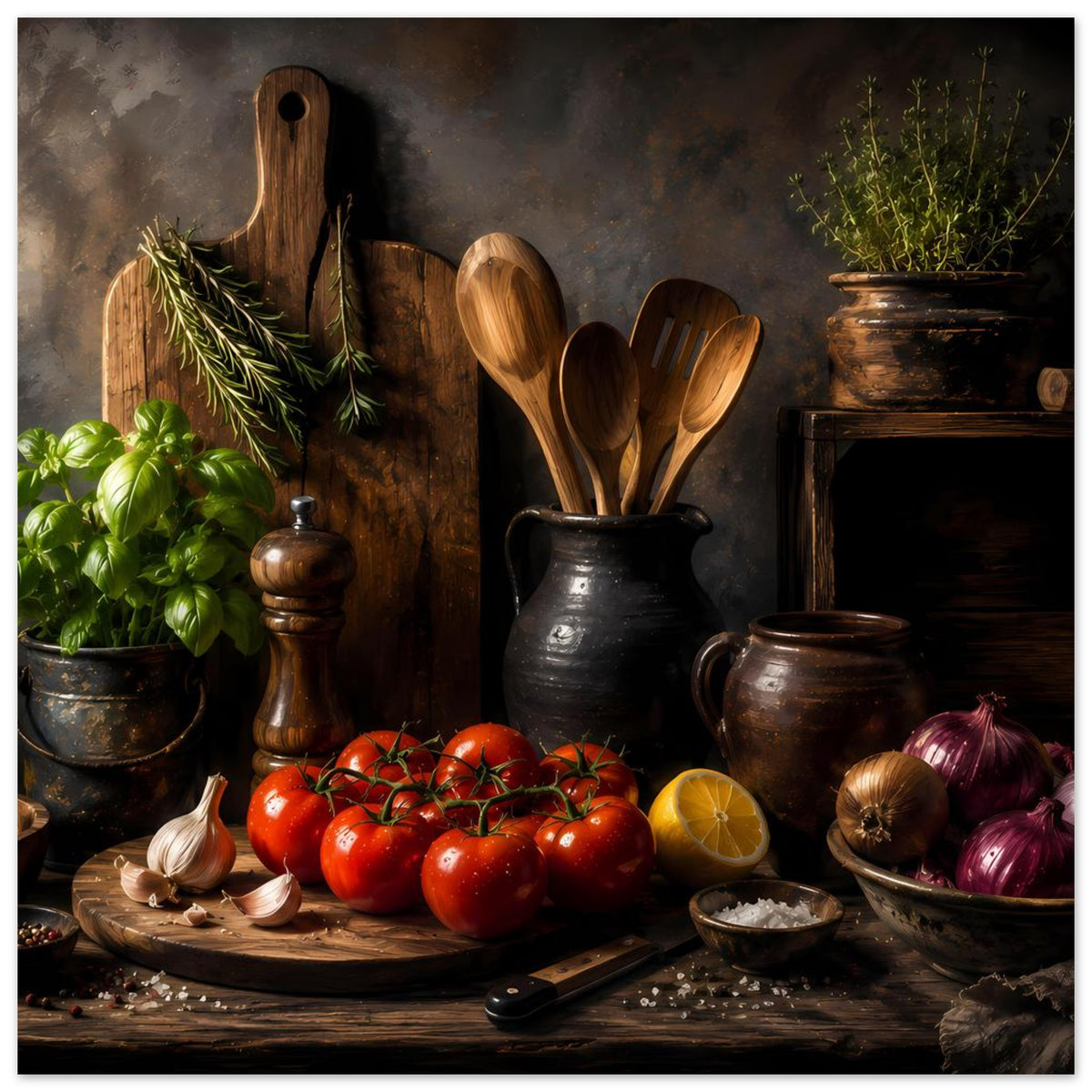 Poster mit rustikalem Küchenstillleben: Tomaten, Kräuter, Holzlöffel und Schüsselgeschirr