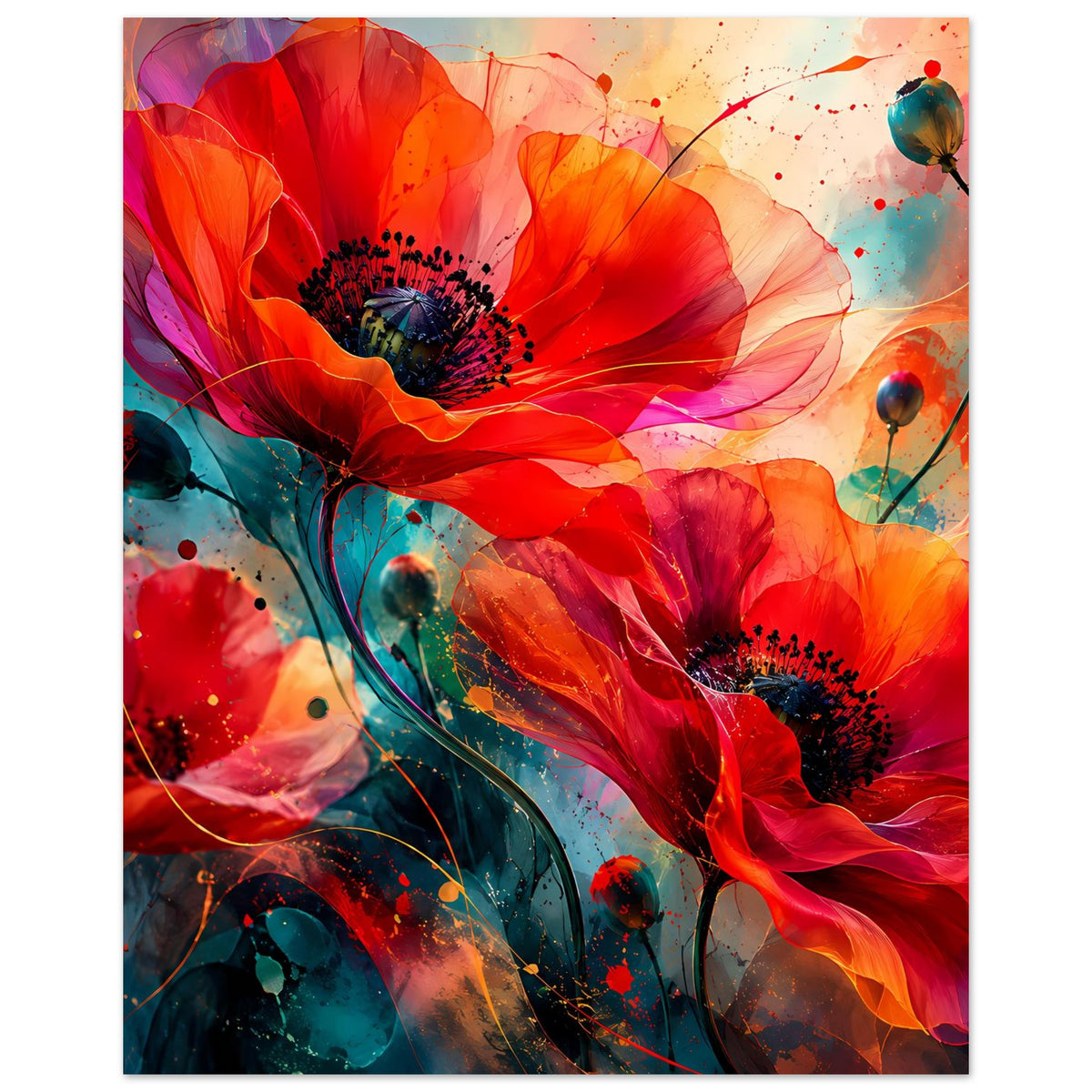 Vertikales Kunstposter mit roten Blüten, schwarzen Staubkernen und bunten Spritzern
