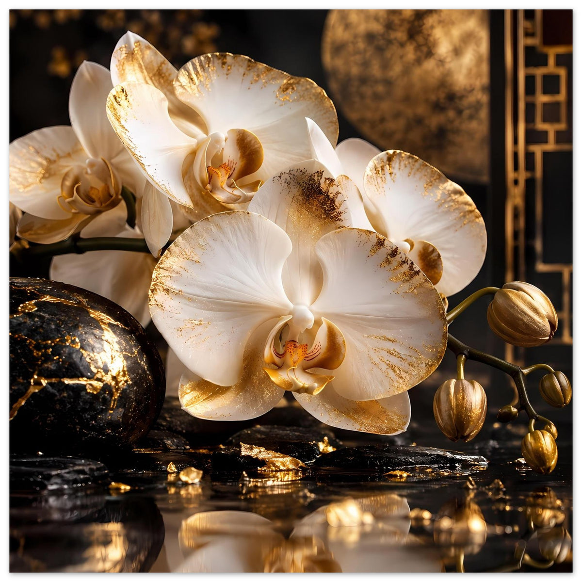 Poster mit weißen Orchideenblüten, goldbesetztem Detail und dunklem Stein mit Glanz