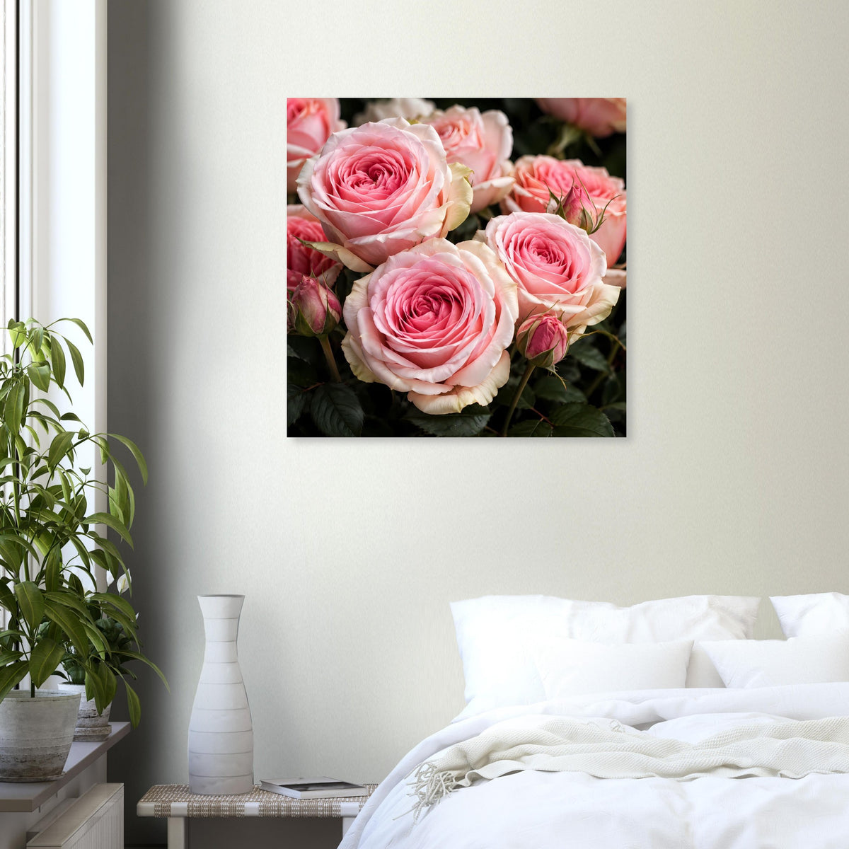 Quadratisches Poster mit rosa Rosenblüten, zentral gerahmt