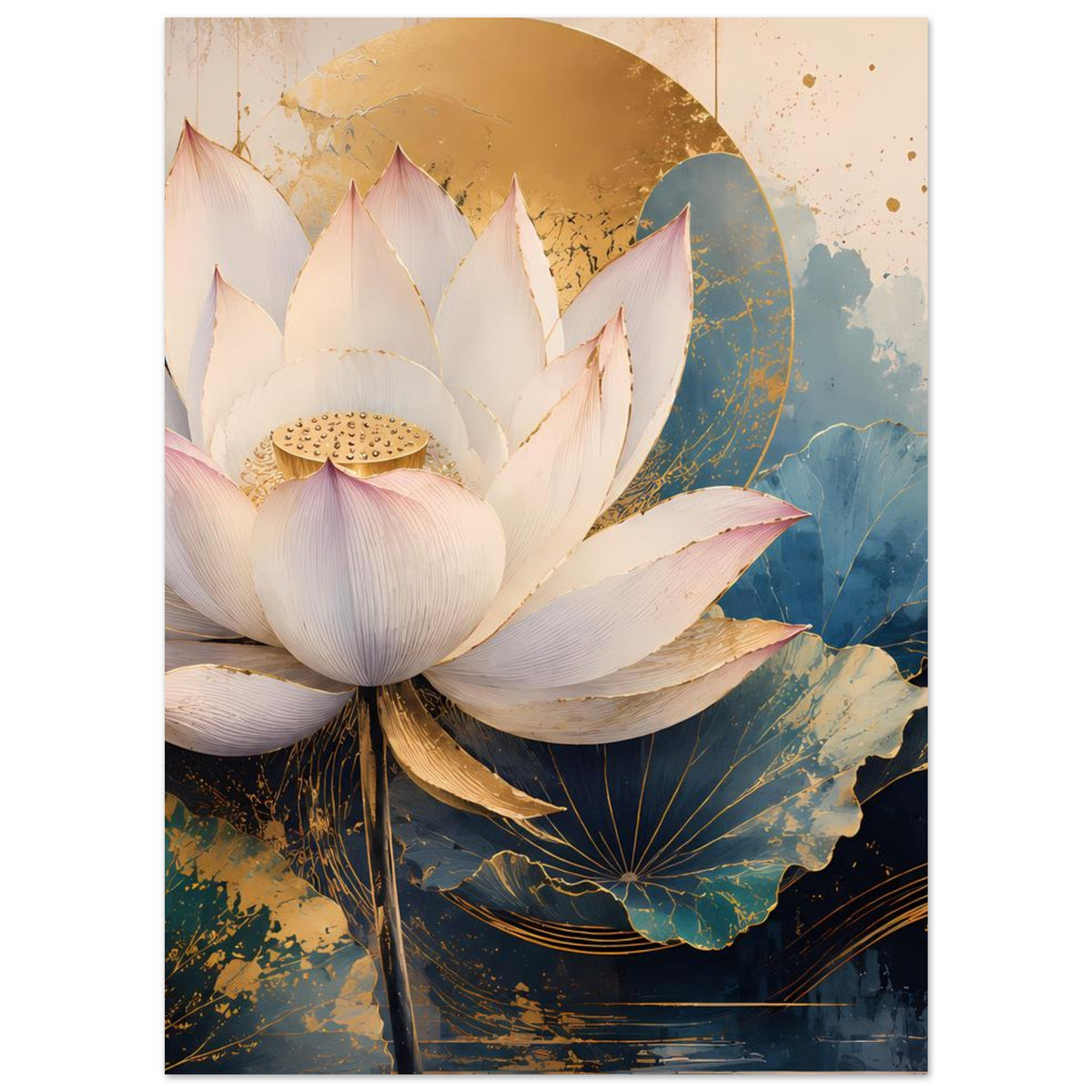Lotusblumenposter: weiße Lotusblüte mit rosafarbenen Spitzen, goldblauer Hintergrund