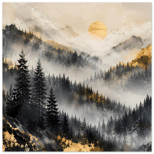 Berglandschaftsposter mit dunklen Tannenwäldern, Nebel und goldener Sonne am Himmel