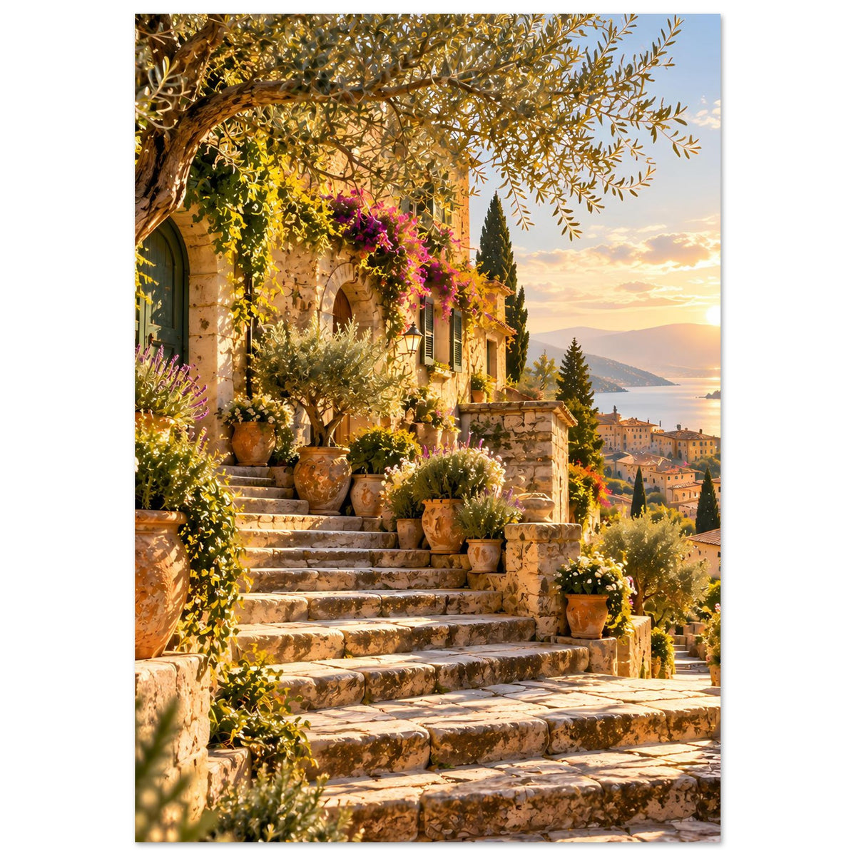Poster im Hochformat: Treppe im Mittelmeerstil mit blühenden Pflanzen und Abendhimmel