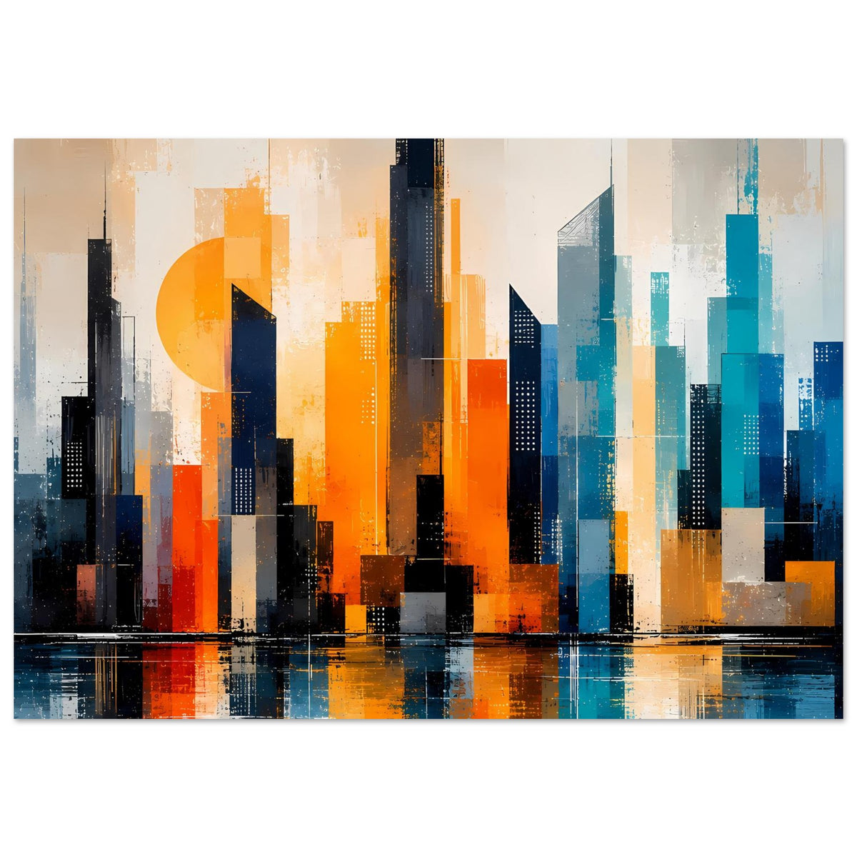 Abstraktes Skyline-Stadtposter: orange und türkisfarbene Skyline mit Wasserreflexion