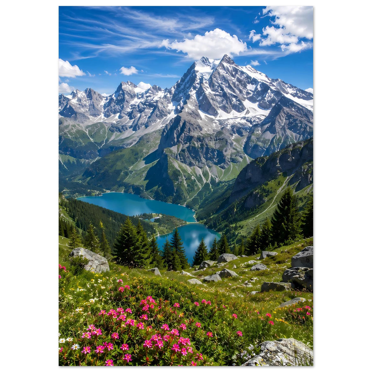 Landschaftsposter (hochkant) mit verschneiten Alpenbergen, Tallandschaft und Bergwald