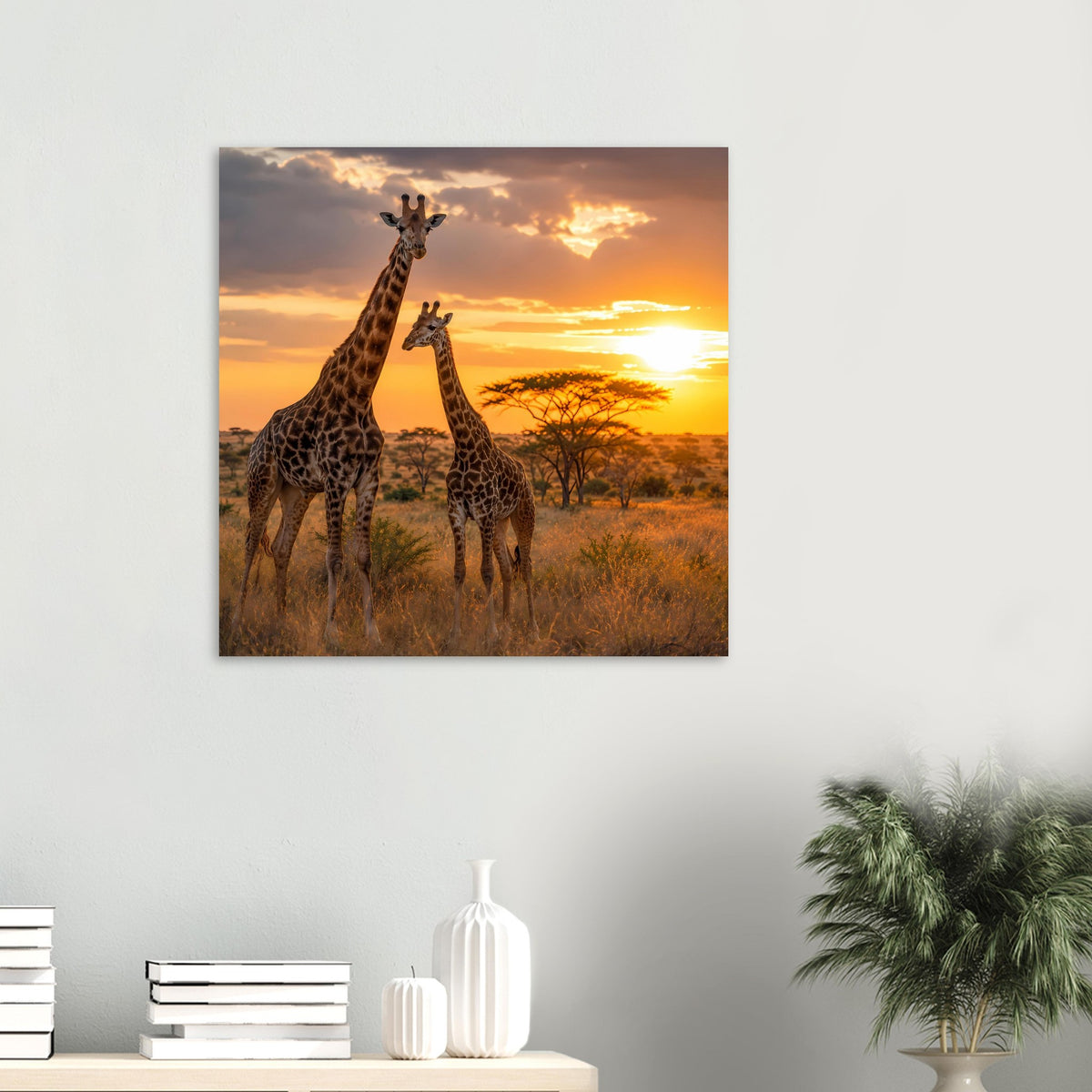 Poster mit zwei Giraffen im Sonnenuntergang auf der afrikanischen Savanne
