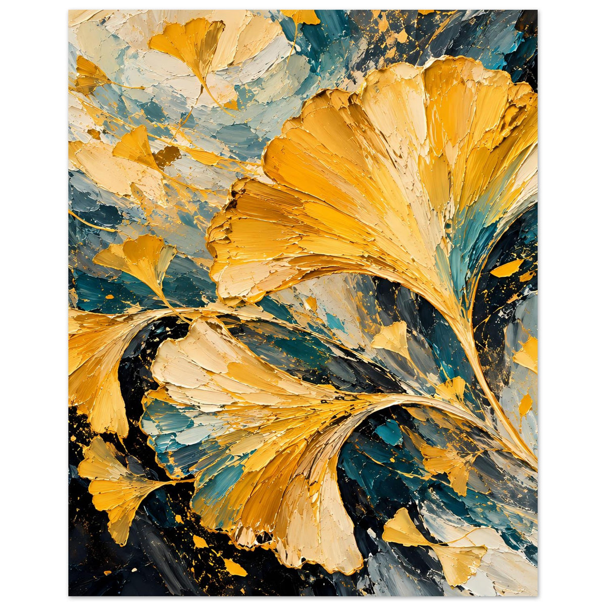 Poster mit abstraktem Ginkgo-Motiv: goldene Blätter, türkisfarbene Linien, dynamische Pinselstruktur