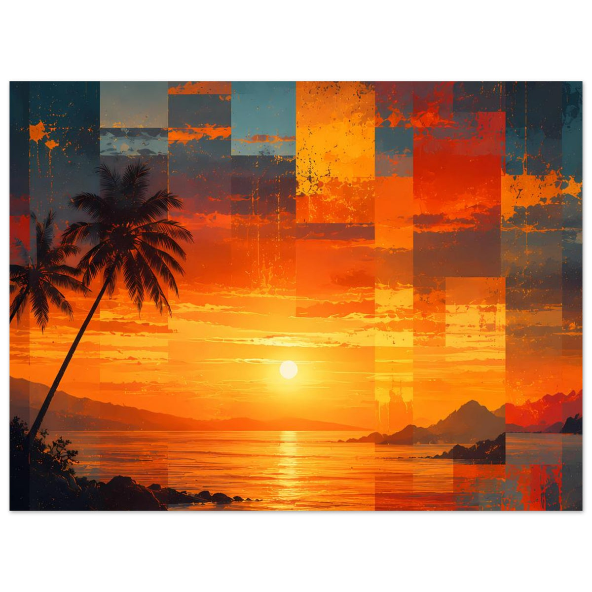 Kunstposter mit tropischem Sonnenuntergang, Palmenbaum links, Sonne über Meer und dunklen Farbquadraten