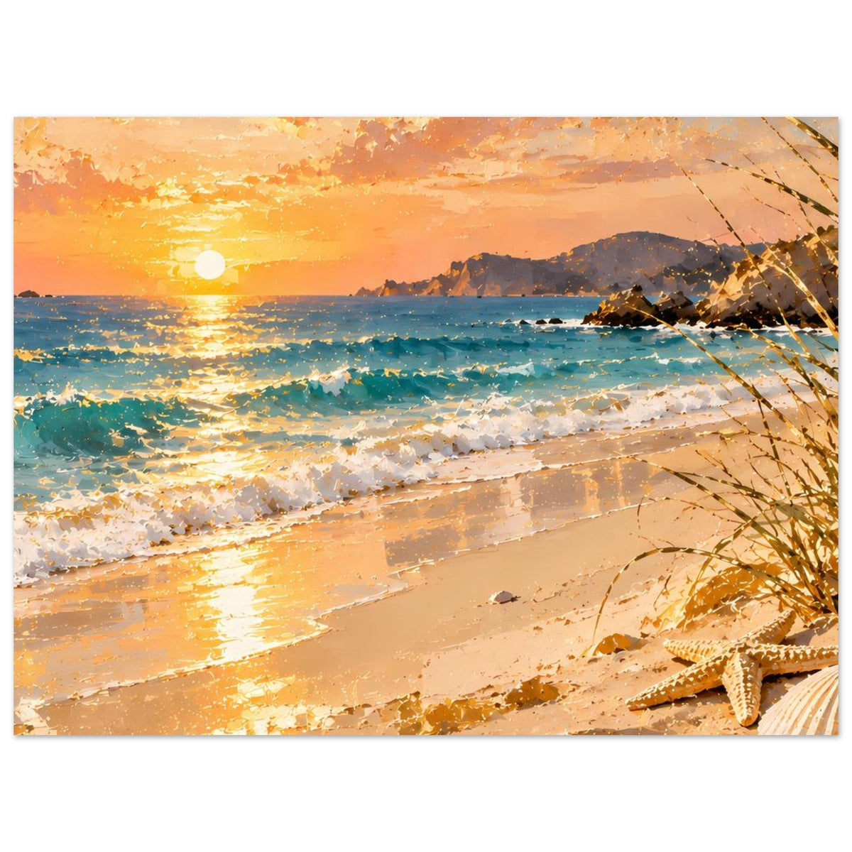 Vertikales Poster Meer & Strand: leuchtende Sonne, türkisblaues Wasser, orangefarbener Himmel