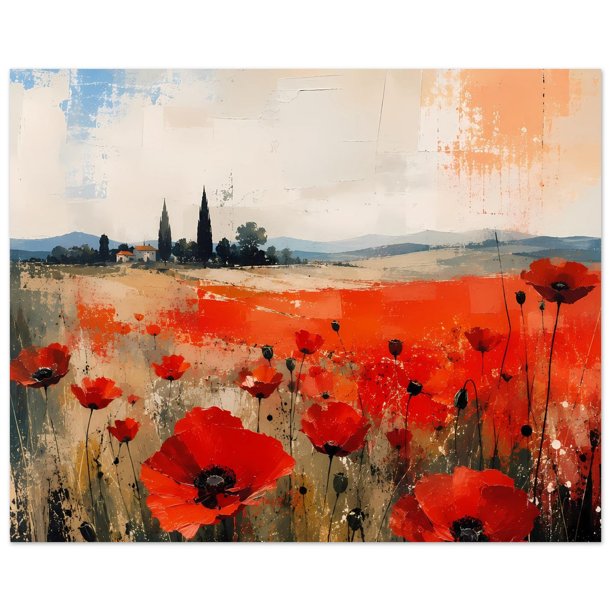 Poster mit roten Mohnblumen, abstrakte Landschaft mit roten Farbbahnen und Sprenkeloptik
