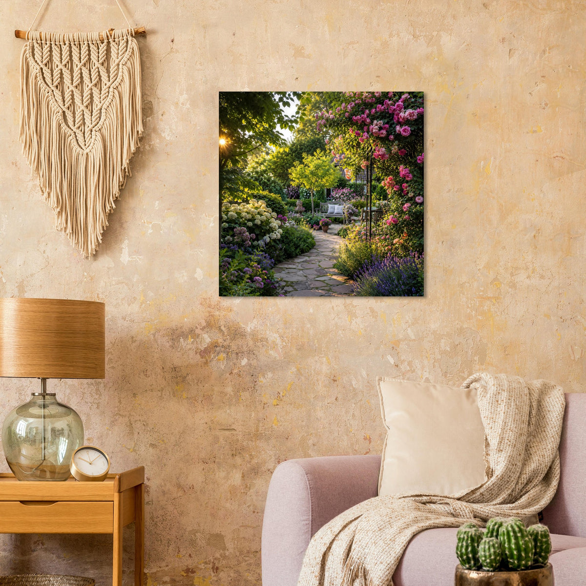Poster mit Gartenweg und üppigen Blüten entlang von Lavendel und Rosen