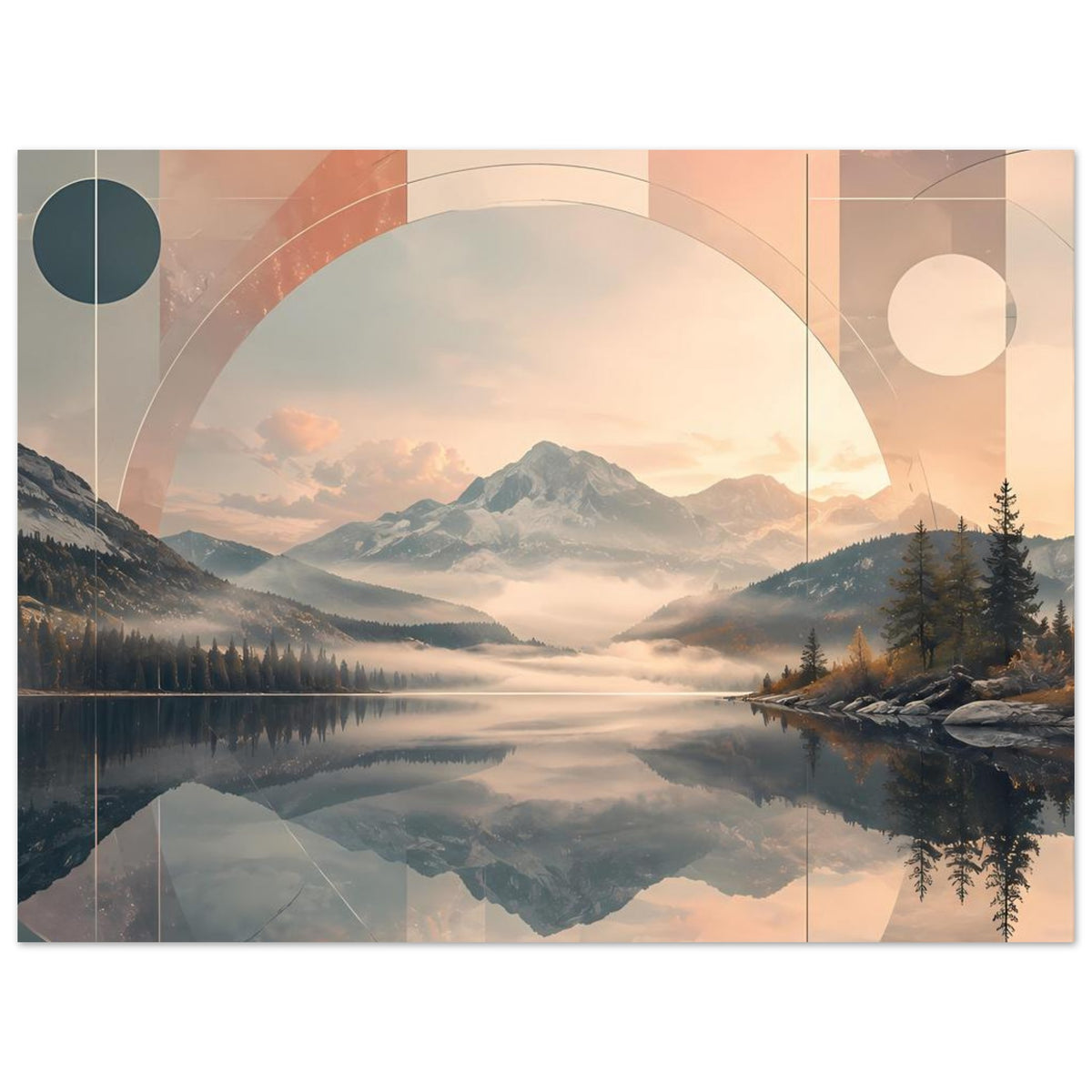 Horizontales Poster mit Berg-und-See-Druck, überlagert von Kreisflächen und Rechtecklinien
