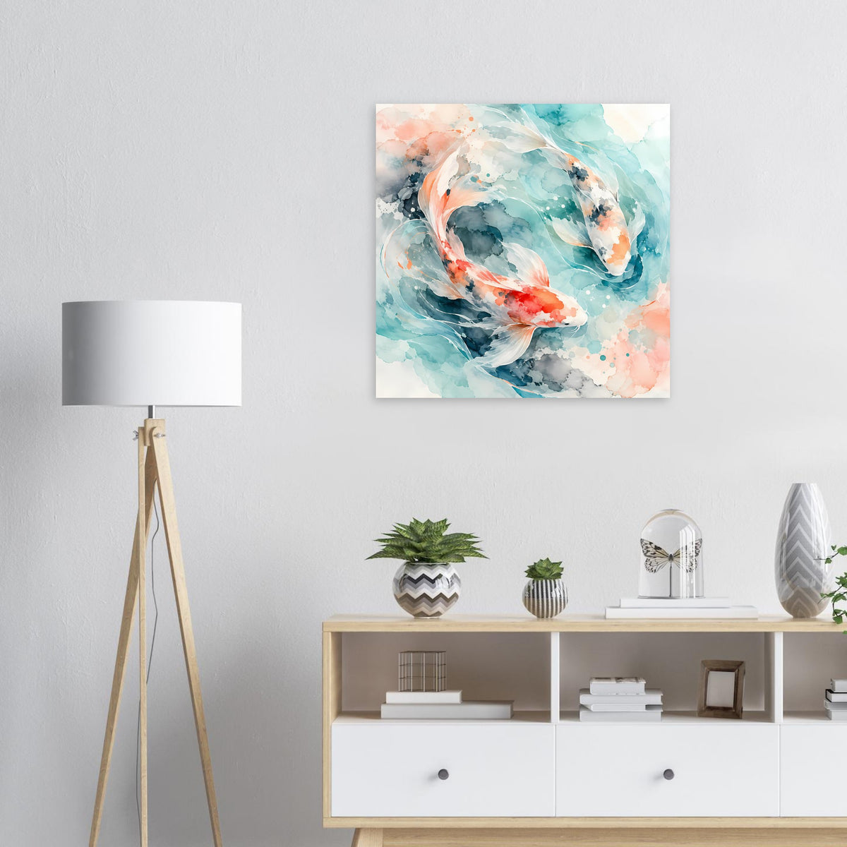 Koi-Fische Poster im Aquarellstil, blau-grüne und korallenfarbene Fische, quadratisch