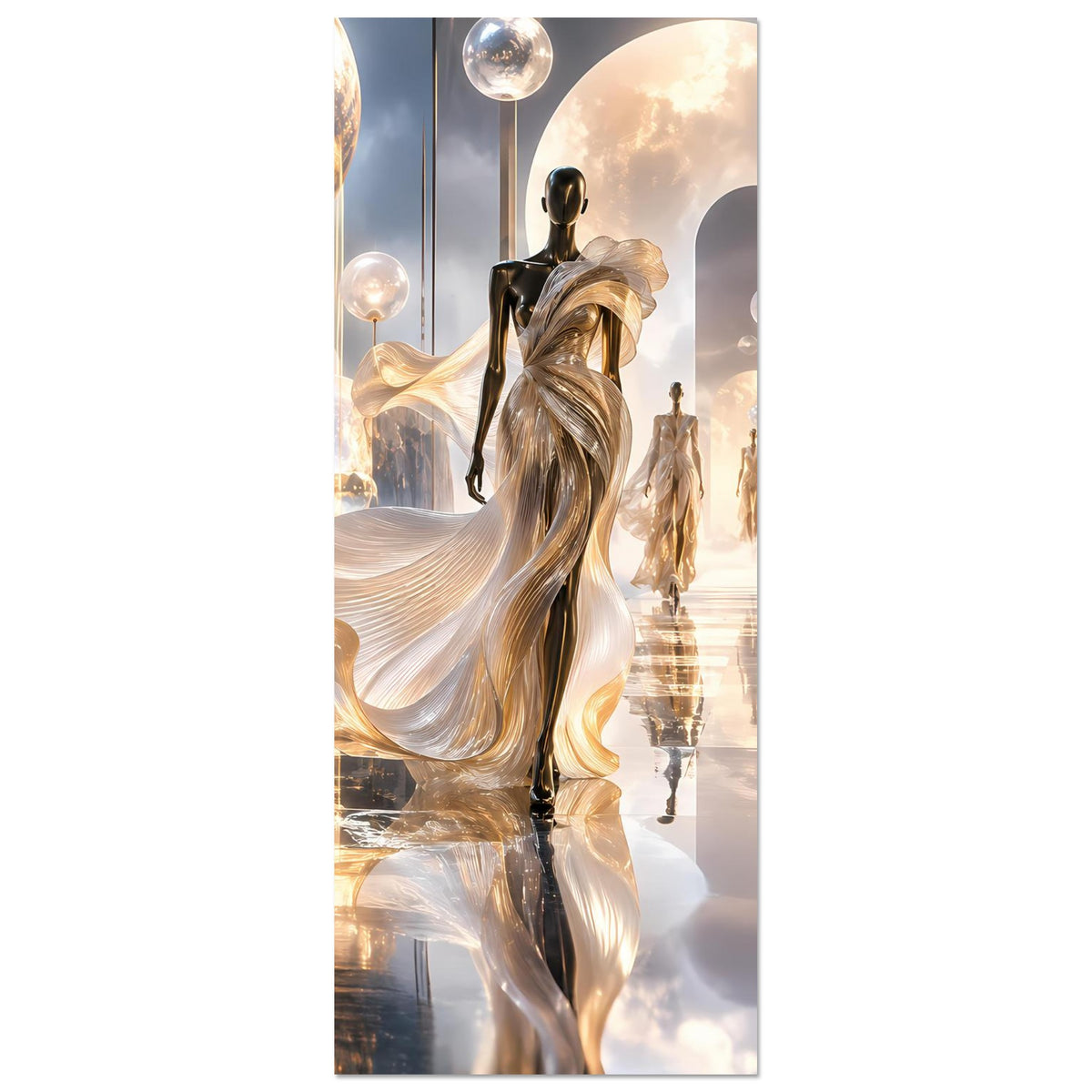 Vertikales Poster mit gold schimmernder Figur und wallendem Gewand, flankiert von dunklen Gestalten