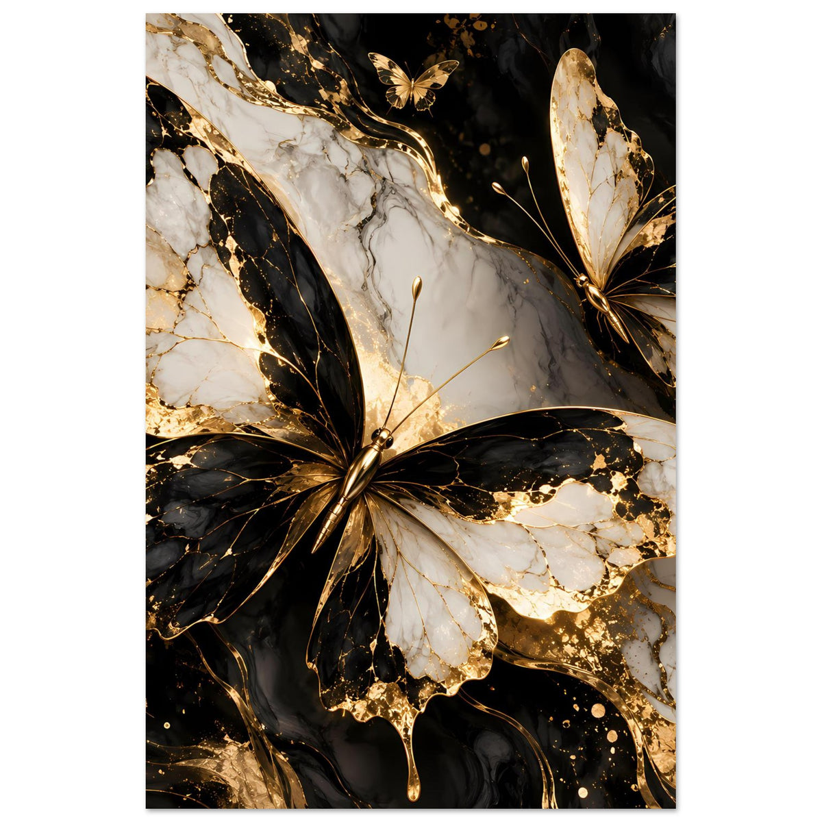 Vertikales Naturposter mit Schmetterling in Schwarz, Gold und Weiß auf Marmormuster