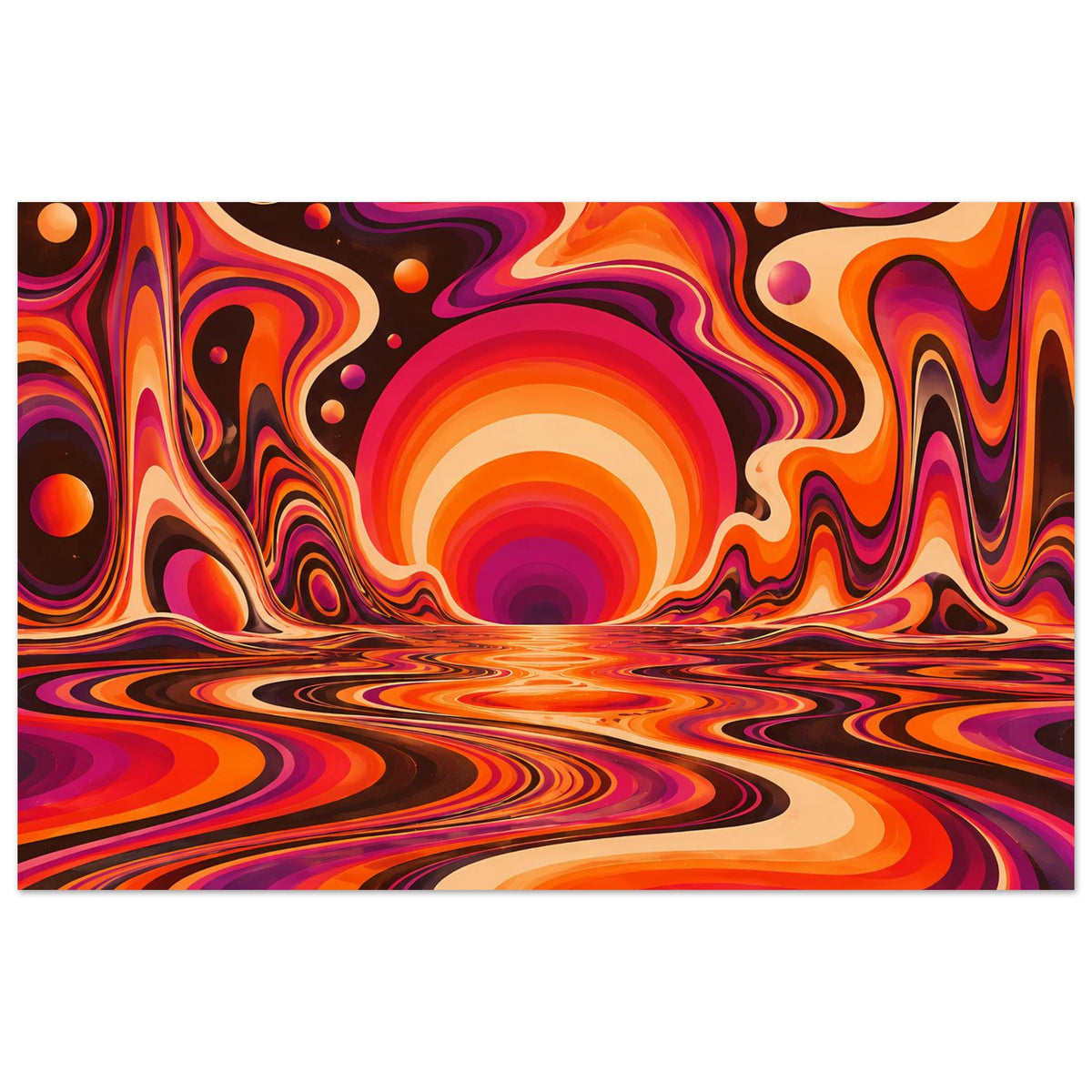 Horizontales Poster mit orange-violetten Wirbelstrukturen, großer Sonnen-Scheibe und Kreisen