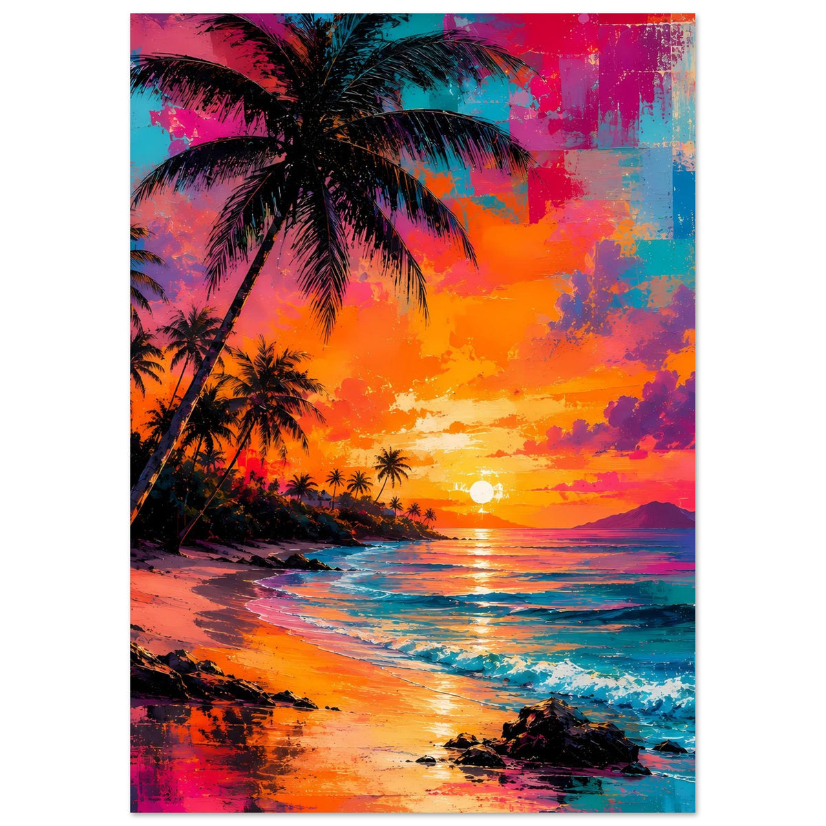 Abstraktes Poster: Palmen, Meer und Strand mit leuchtender Sonne im neonfarbenen Himmel