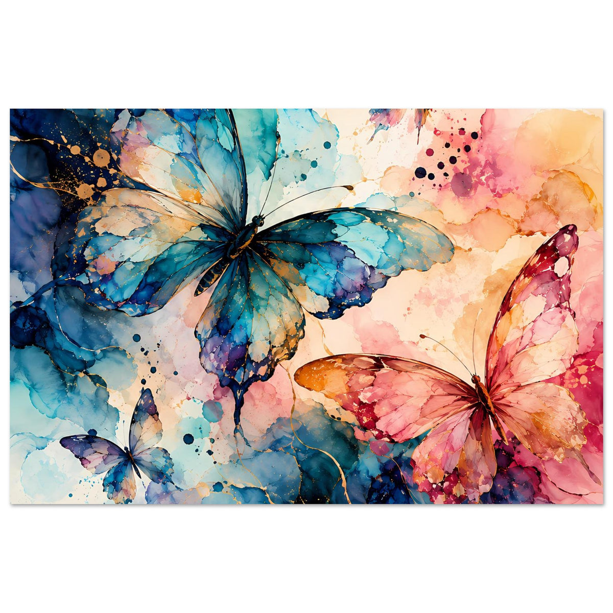 Horizontales Poster mit Aquarell-Schmetterlingen, dominante blaue und rosa Flügel