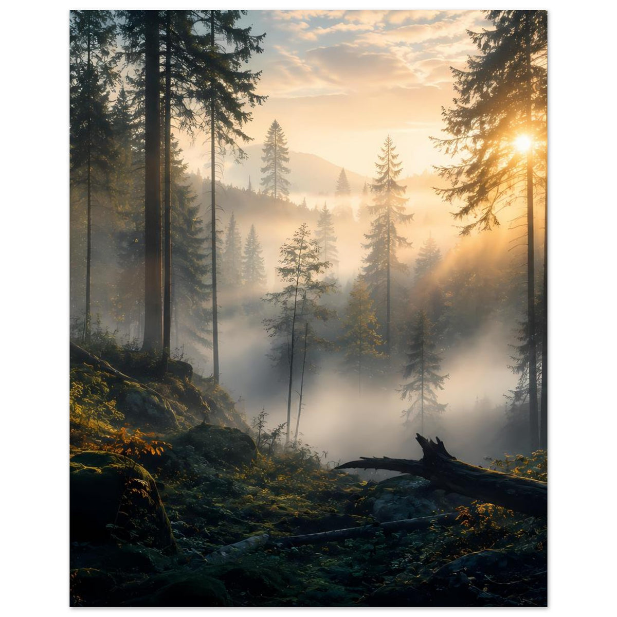 Wandposter mit Waldmotiv und Sonnenstrahlen am Rand, Tannen, Bodennebel