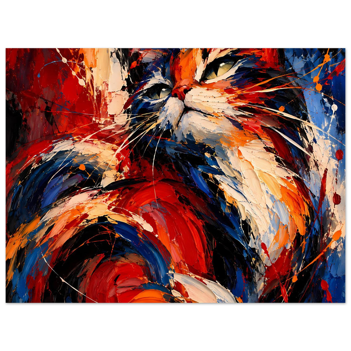 Abstraktes Katzenposter, halbnaher Blick auf Kopf, rot-blaue Pinselwirbel, horizontal