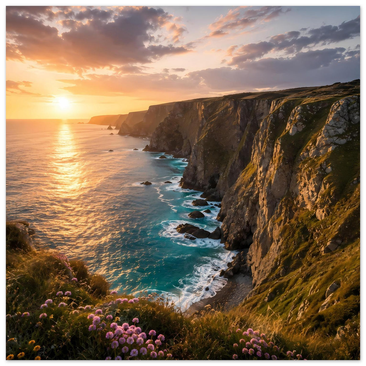 Poster mit Küste bei Sonnenuntergang: Klippen, Meer und lila Blumen, quer