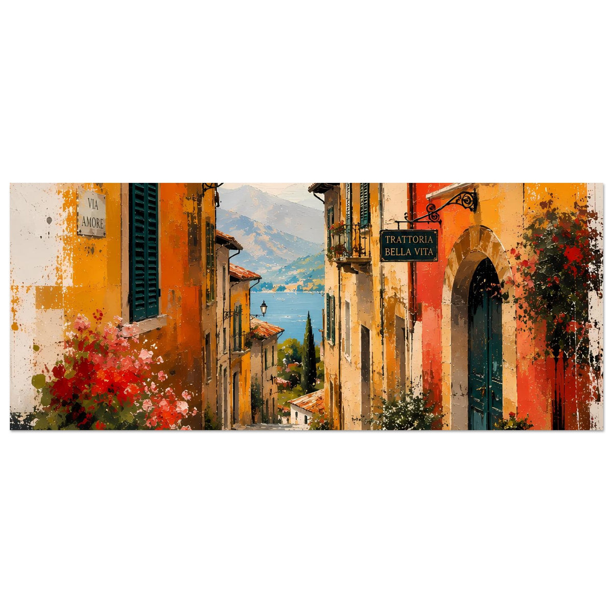 Wandposter (Querformat) mit Ausschnitt der mediterranen Gasse, bunten Wänden und Blüten