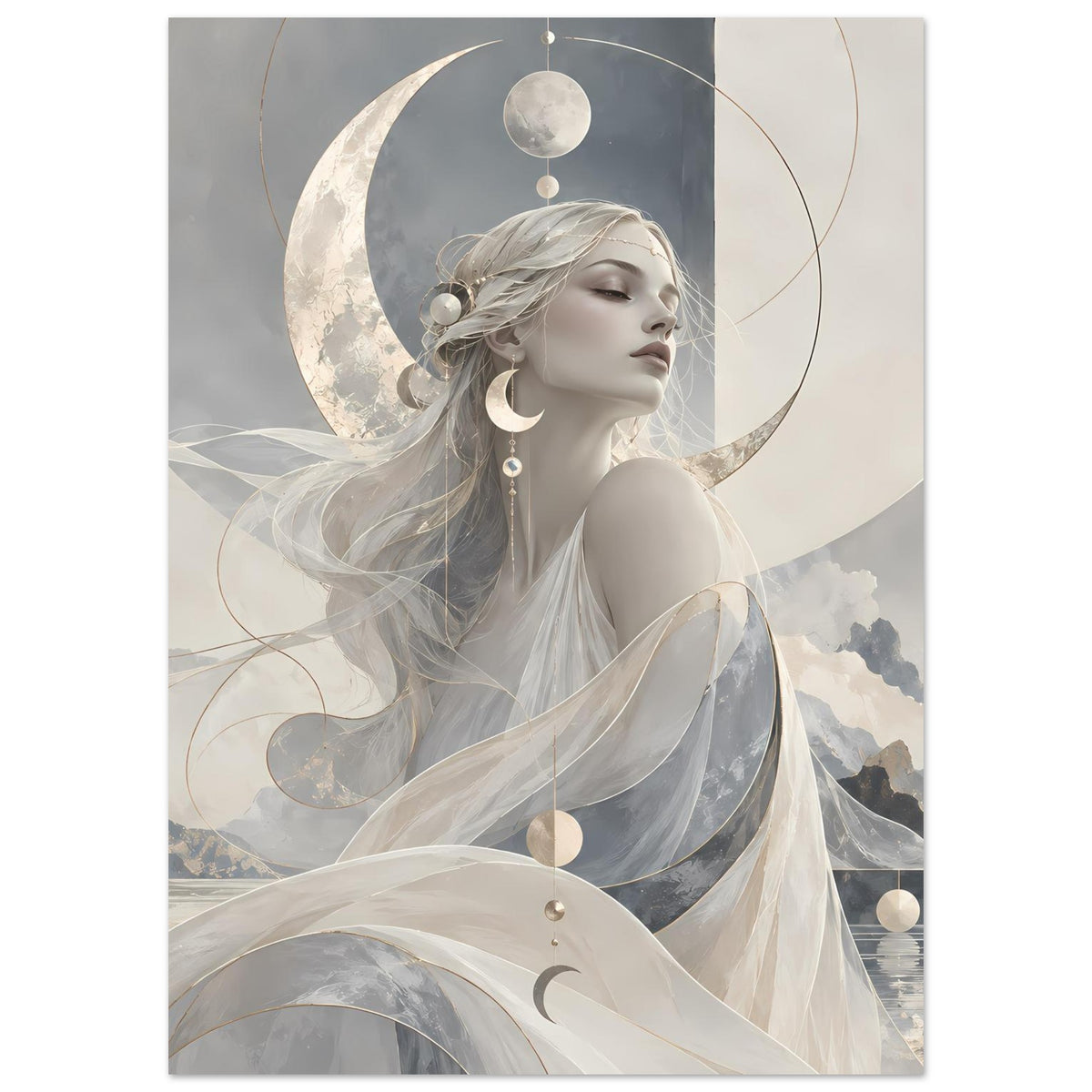 Poster zeigt eine Mondgöttin in hellen Tönen, Halbmond, kleine Kugeln und feine goldene Linien