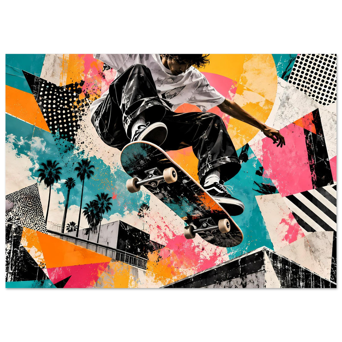 Poster im Querformat mit Skateboarder in Action und Street-Art-Neonflächen