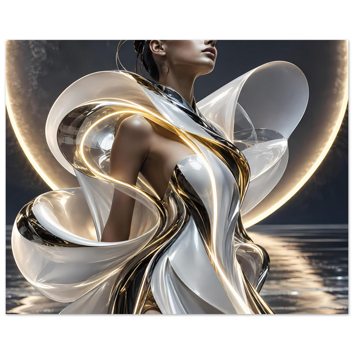 Abstraktes Poster: silbernes Metallwirbelkleid mit goldenen Linien und großen Flächen