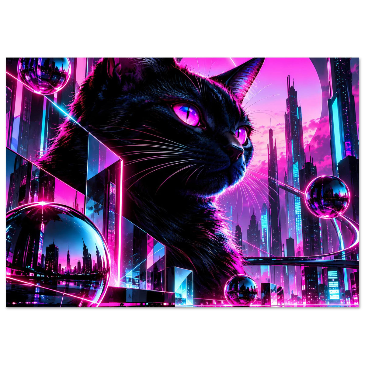 Neonkatzen-Poster im Querformat: schwarze Katze, pinke Neonkreise und futuristische Gebäude