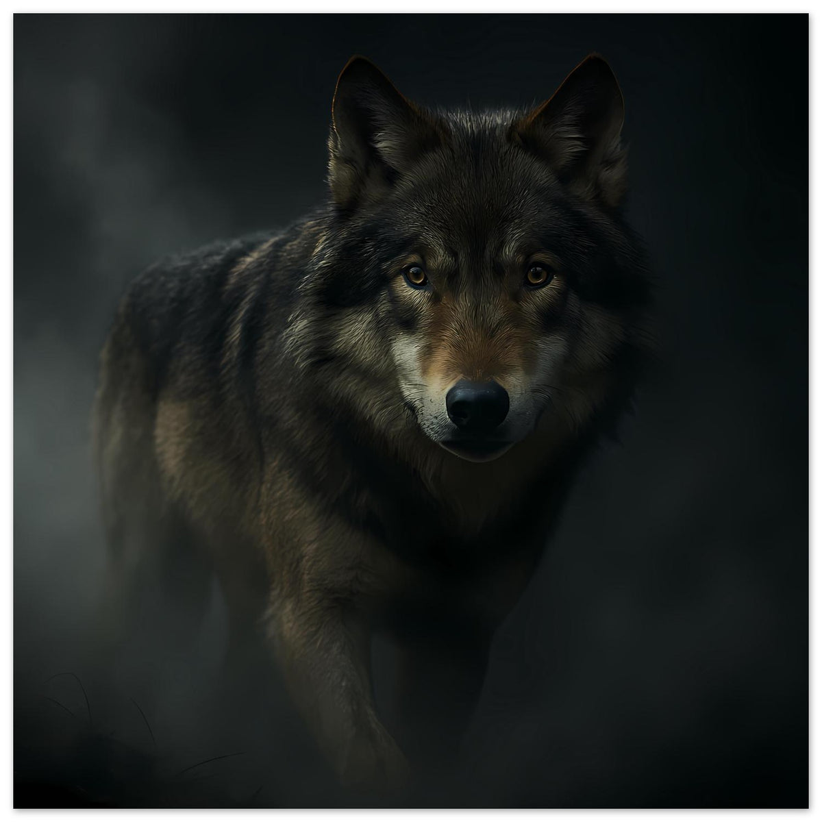 Wolfporträt-Poster: grauer Wolf mit offenem Blick, Schulterbereich sichtbar
