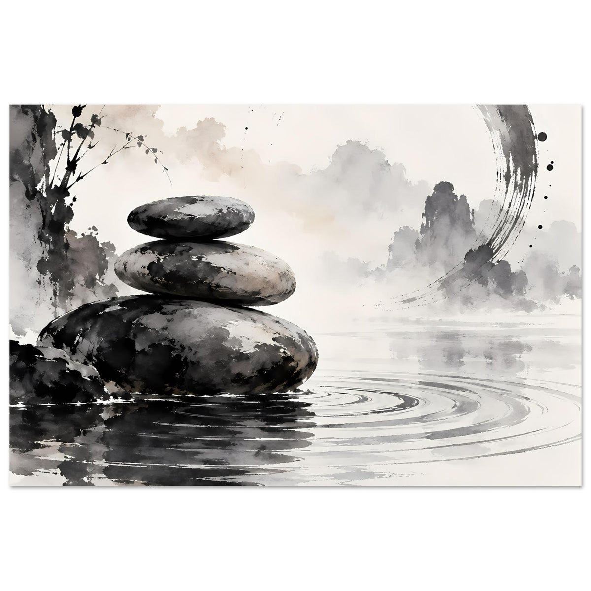 Zen-Balance-Poster mit Steinhaufen und Wasserlinien, abstrakter Kreisbogen, Schwarz-Weiß