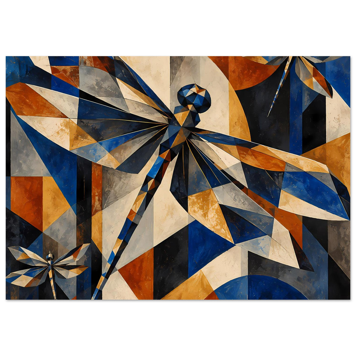 Kunstposter: geometrische Libelle mit Flügeln aus Dreiecken in Blau, Kupfer und Schwarz