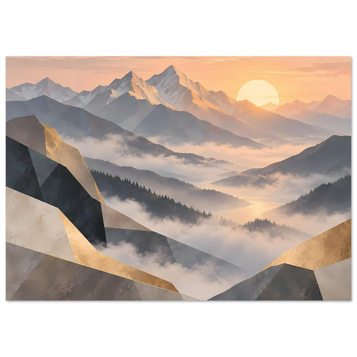 Querformat-Poster mit Sonnenkreis, Bergebene und goldenen Akzentstreifen in Pastelltönen