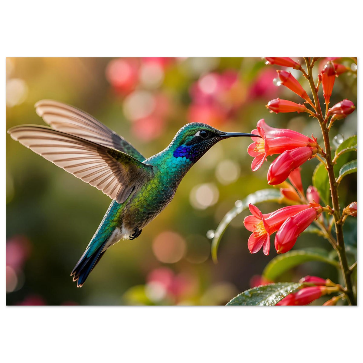 Querformat-Poster mit Kolibri vor roten Blüten und grünen Blättern im Fokus