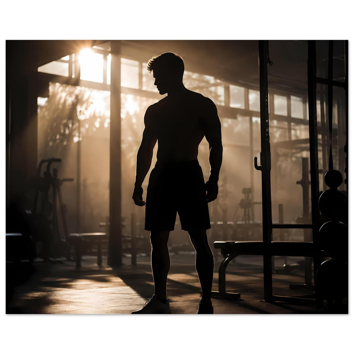 Fitness-Poster mit dunkler Sportler-Silhouette, Ganzkörper, in Trainingskleidung