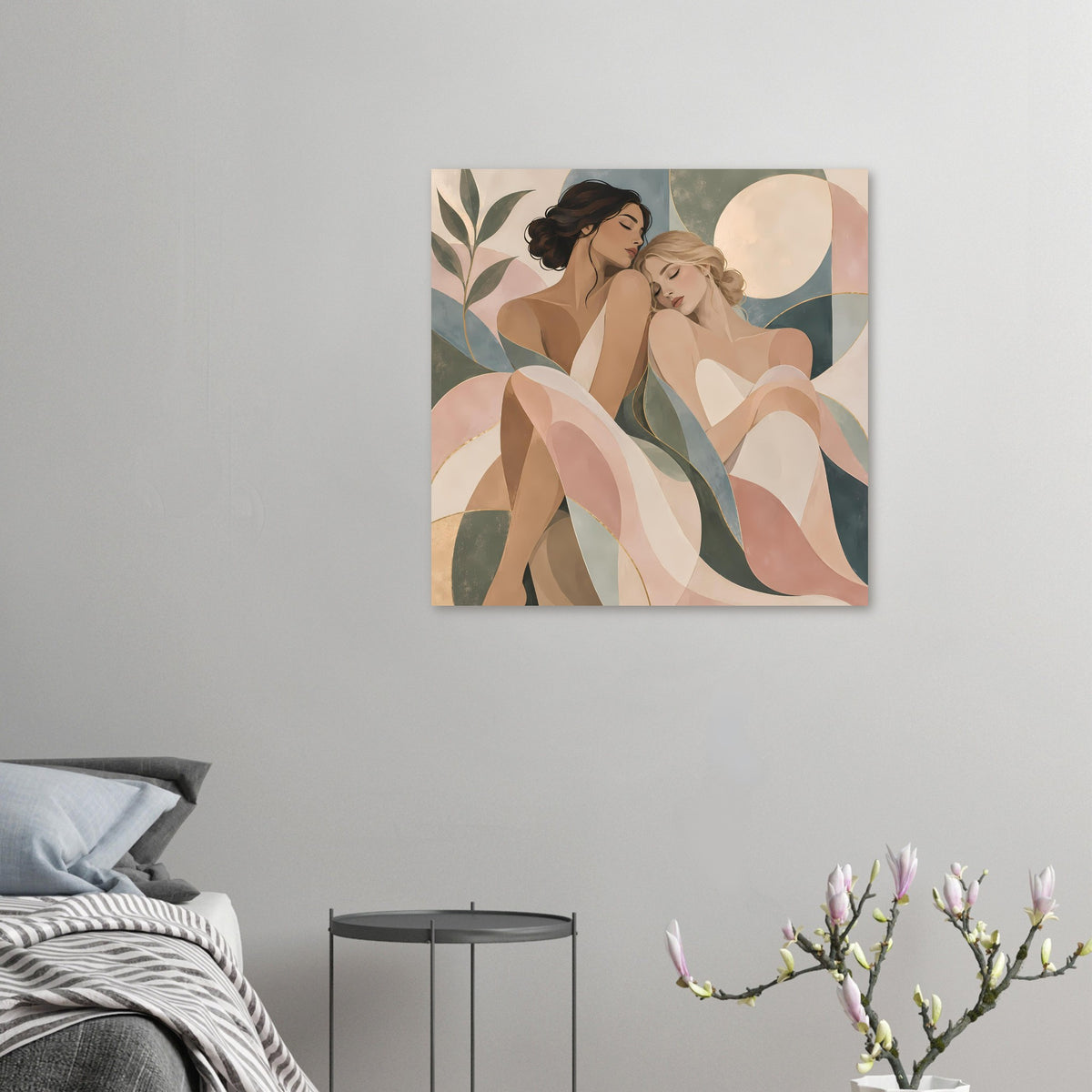 Kleines Poster mit zwei Frauen in Pastellfarben, floralen Elementen und geschwungenen Kurven