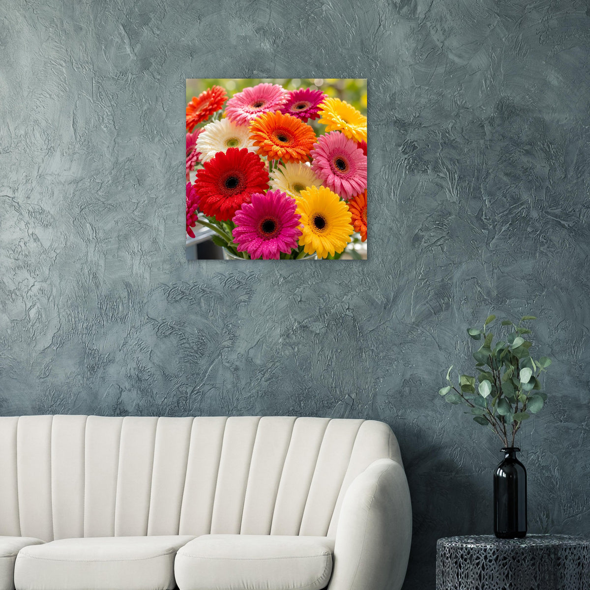 Quadratisches Poster mit buntem Gerbera-Blumenstrauß, viele farbige Blütenköpfe.