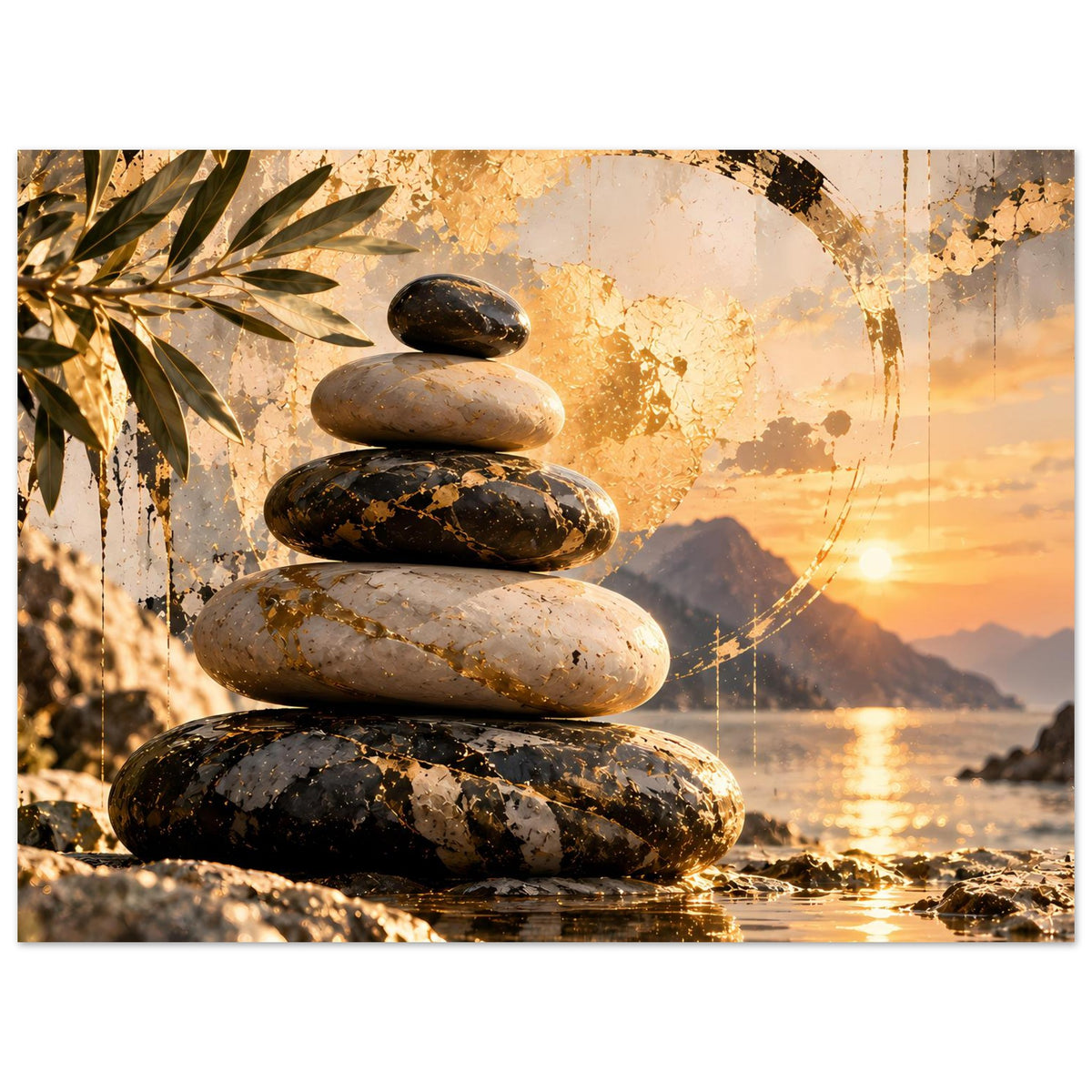 Zen-Poster mit Steinstapel, goldener Kreisbahn und Sonnenuntergang am Ufer