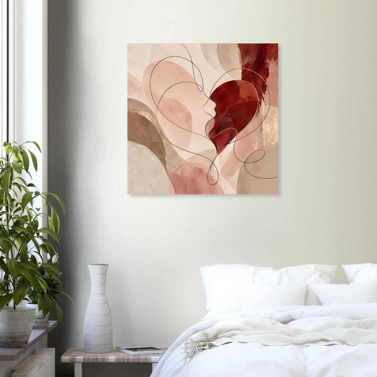 Abstraktes Herzposter mit warmen Erdtönen, rotem Herz und feinen Linien