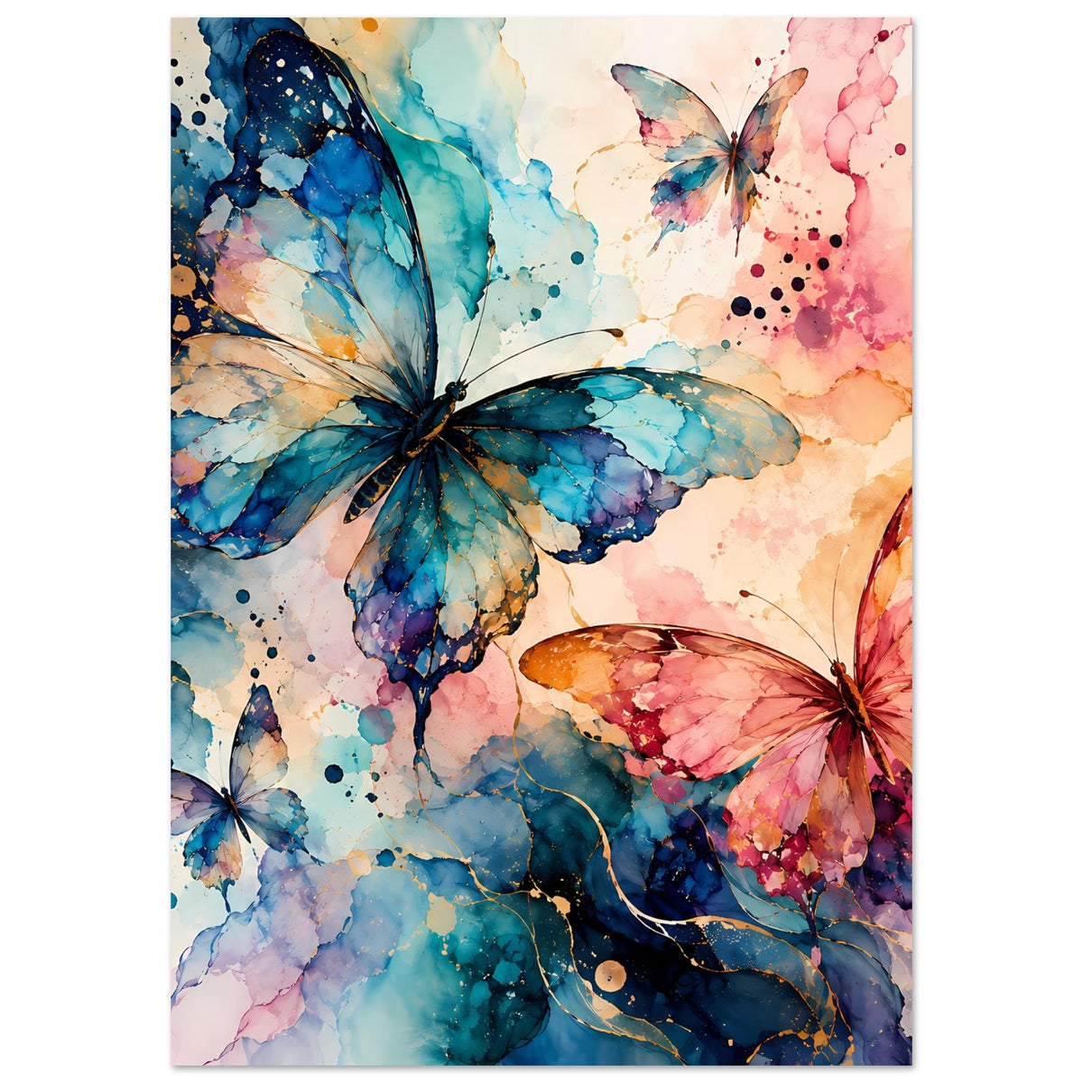 Hochformatiges Naturposter mit Aquarell-Schmetterlingen in Blau und Rosa