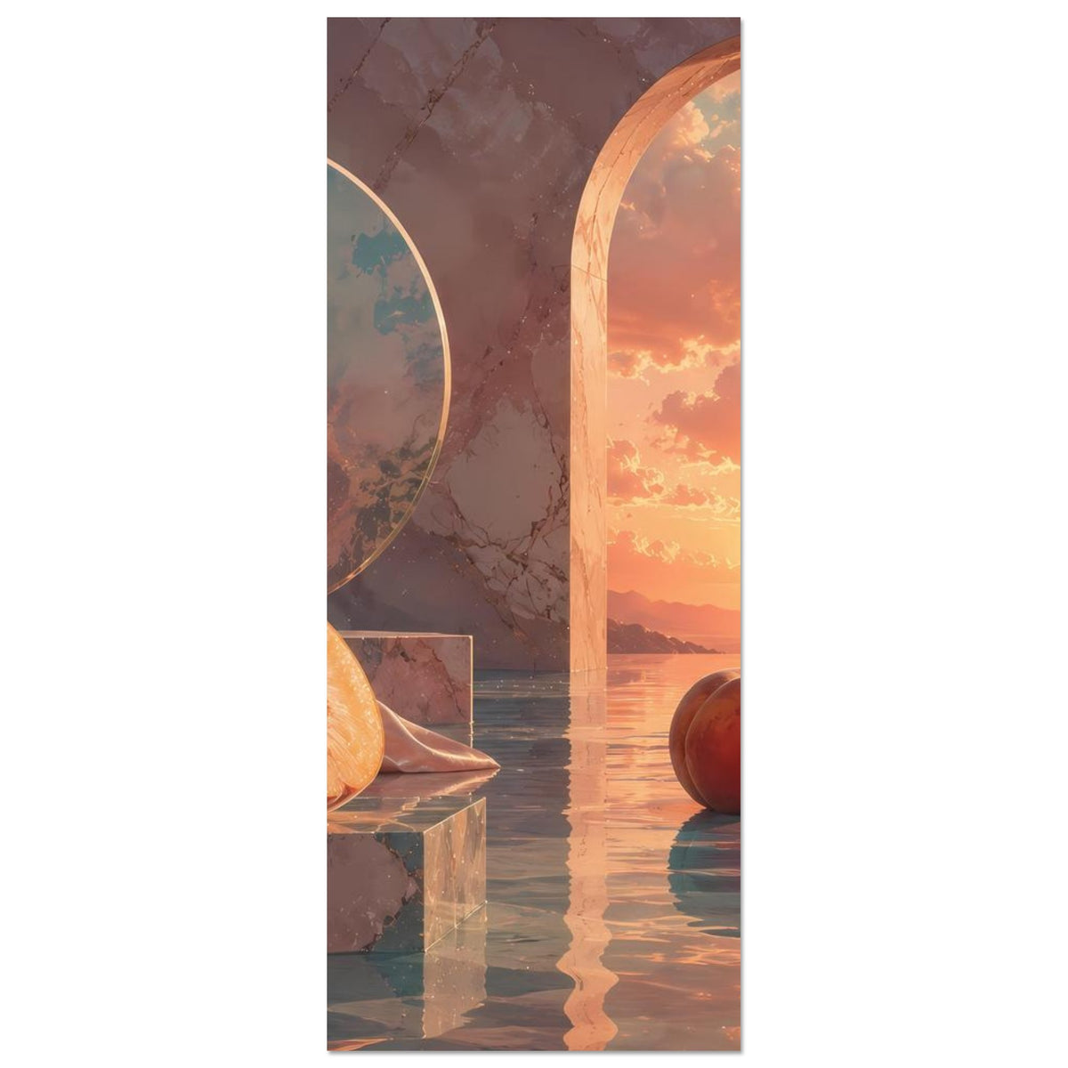 Poster-Ausschnitt mit Rundbogenportal, Sonnenuntergang und Pfirsich im Wasser