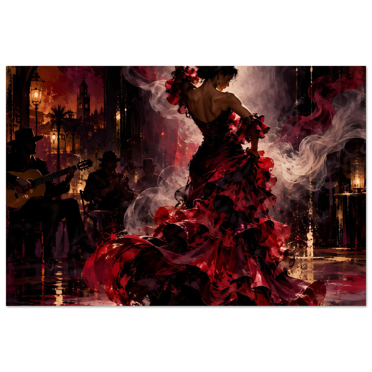 Poster mit Flamenco-Tänzerin im schwarzen Kleid mit roten Rüschen und großen Röhren