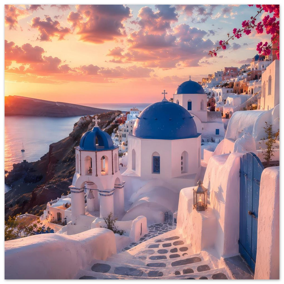 Poster mit Blick auf Santorini: weiße Kirche mit blauer Kuppel, Treppe und Laterne