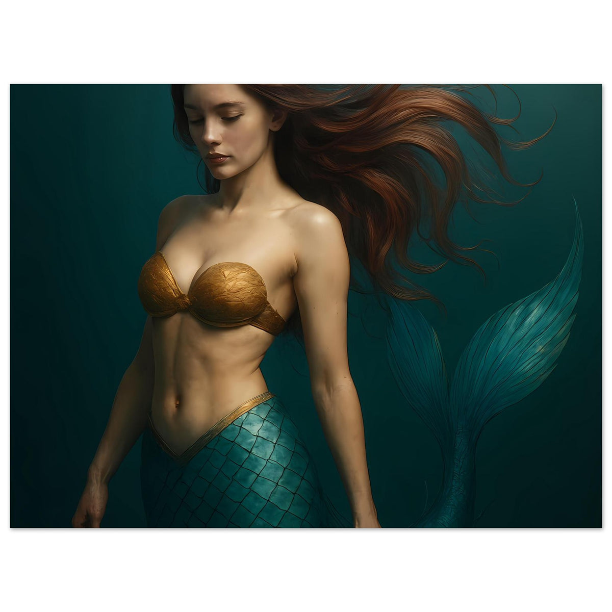 Meerjungfrauen-Kunstposter: Nahansicht von goldenem Bustier, blau-grüner Schuppenschwanz